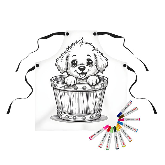 Cute puppy apron featuring a colorful design of a happy pup peeking out from a bucket