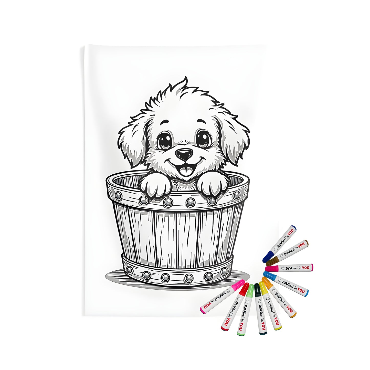 Colorful indoor wall tapestry featuring a cute puppy peeking out from a wooden bucket, perfect for dog lovers and kids' bedrooms