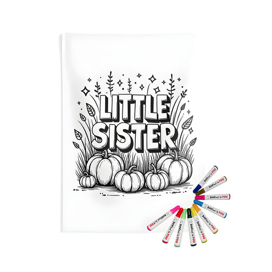 A black and white illustration featuring Little Sister, surrounded by pumpkins and plants, on an Indoor Wall Tapestry.