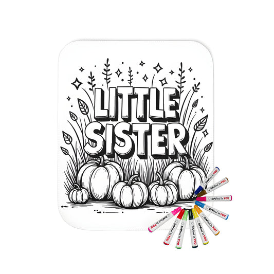 Blanket with Little Sister design, featuring colorful illustrations of pumpkins and plants