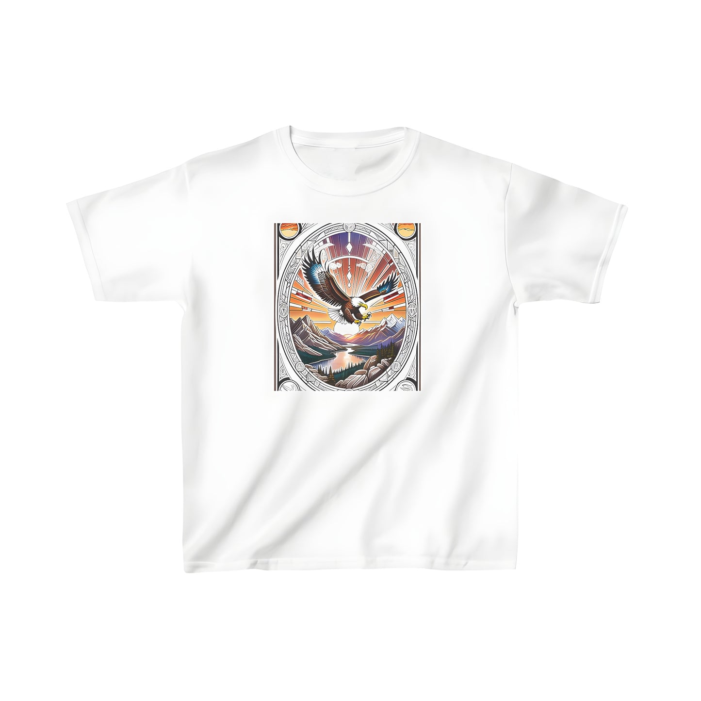 Colorful graphic t-shirt design with an eagle flying over mountains and river at sunset.