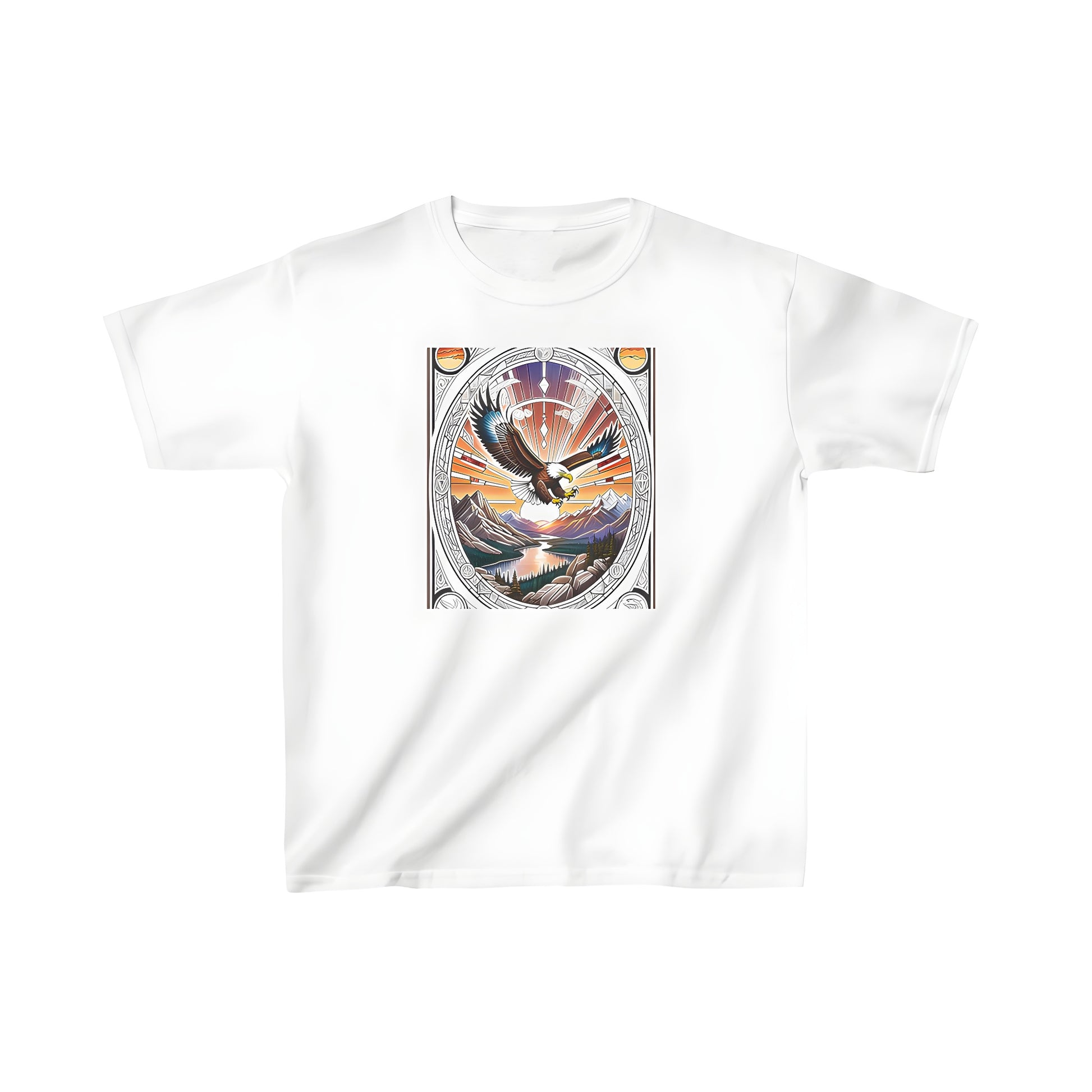 Colorful graphic t-shirt design with an eagle flying over mountains and river at sunset.