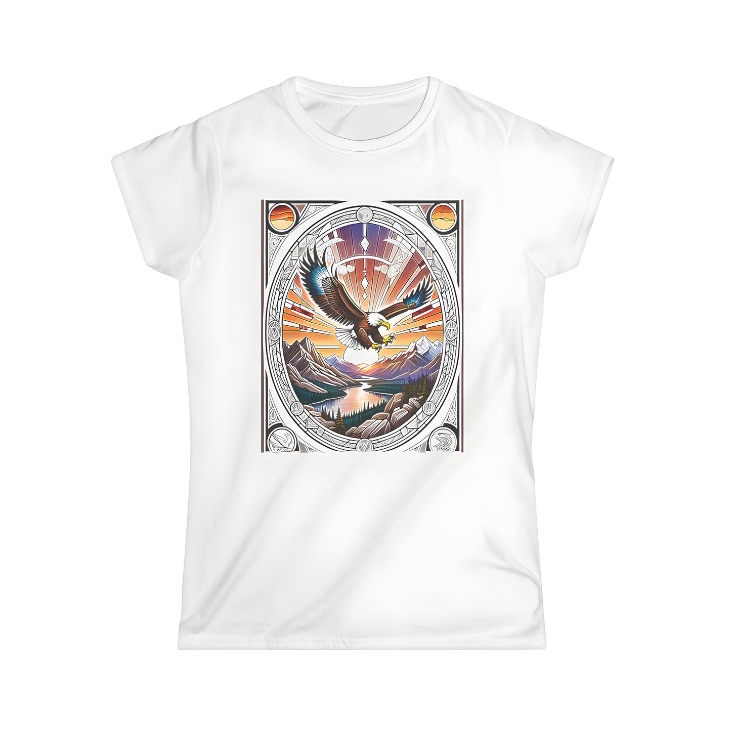 Women's colorful graphic tee with eagle soaring over mountain landscape