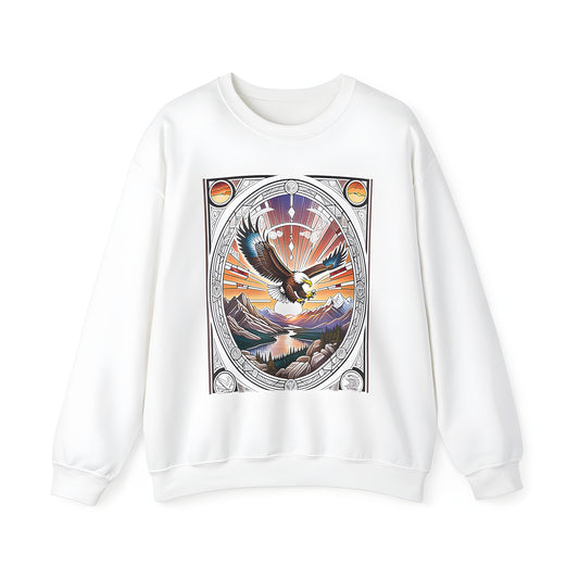 Colorful graphic design sweatshirt featuring an eagle soaring over mountains and a river at sunset