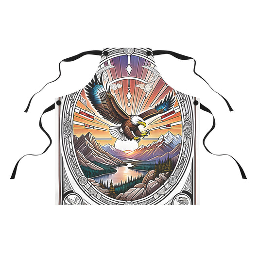 Colorful apron with majestic bird soaring over mountainous scenery at sunset