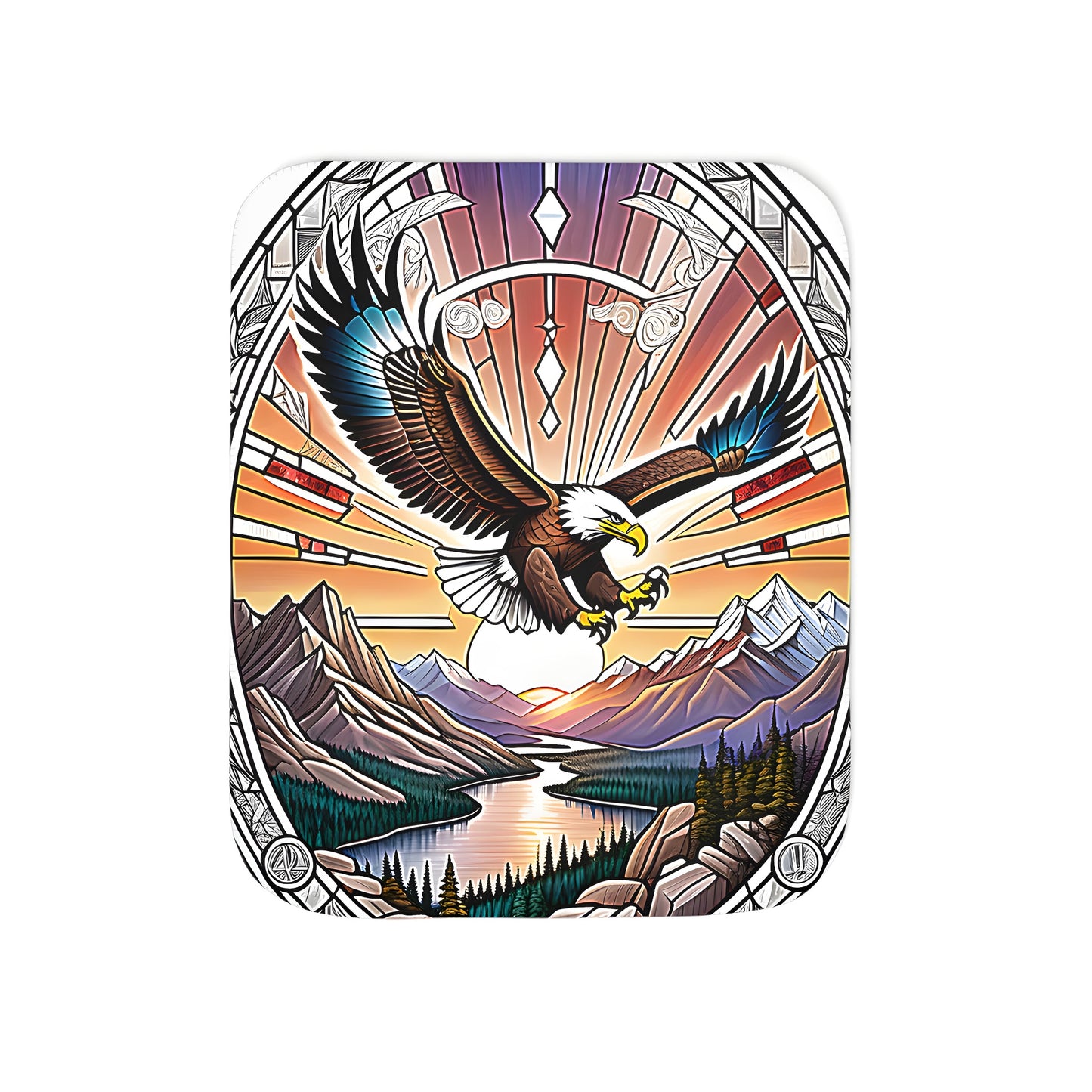 Colorful blanket featuring a majestic bird soaring over serene mountains and a river at sunset