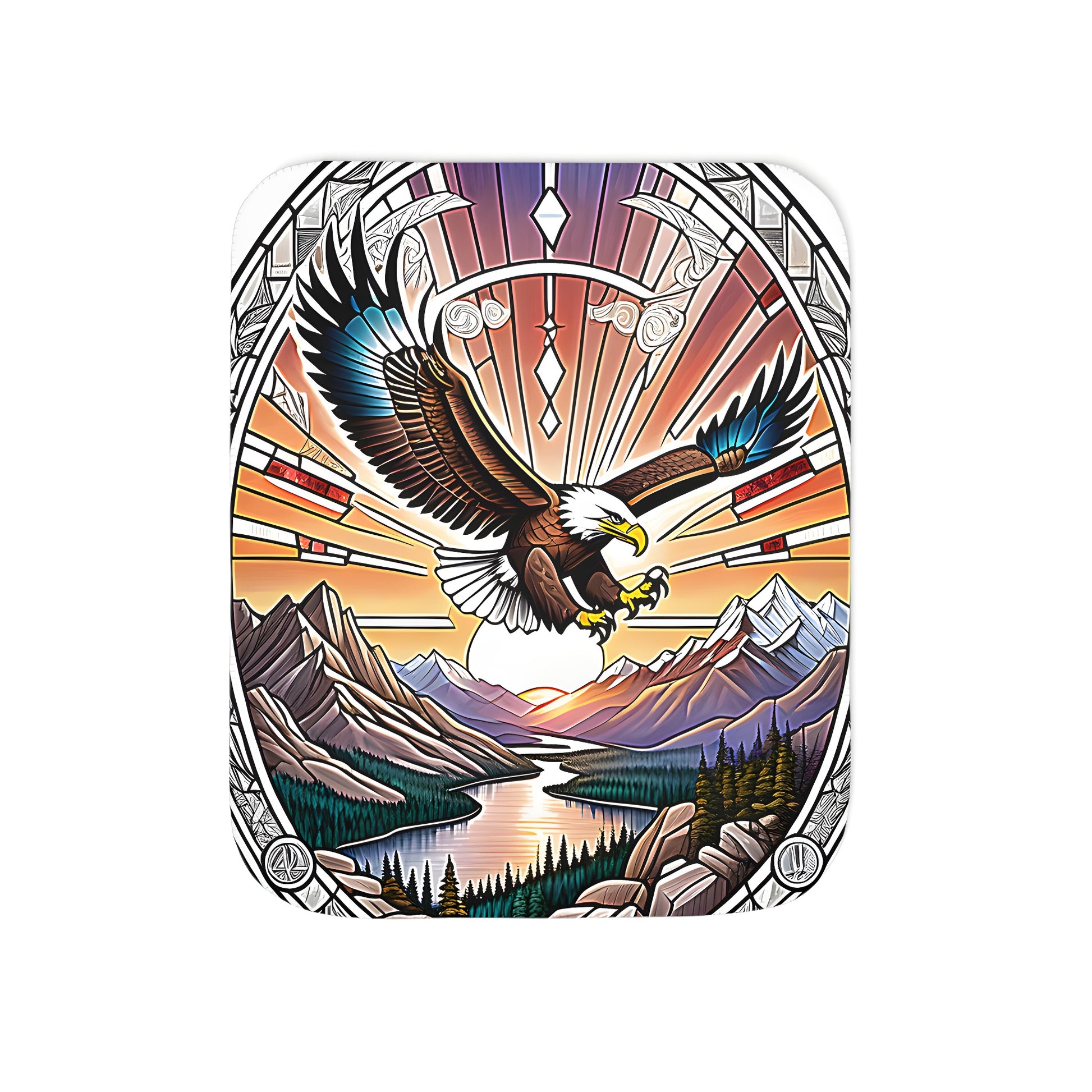 Colorful blanket featuring a majestic bird soaring over serene mountains and a river at sunset