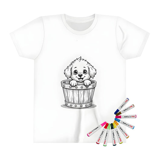 Kid's t-shirt featuring a cute puppy, dog, pup, or pooch design peeking out from a wooden bucket