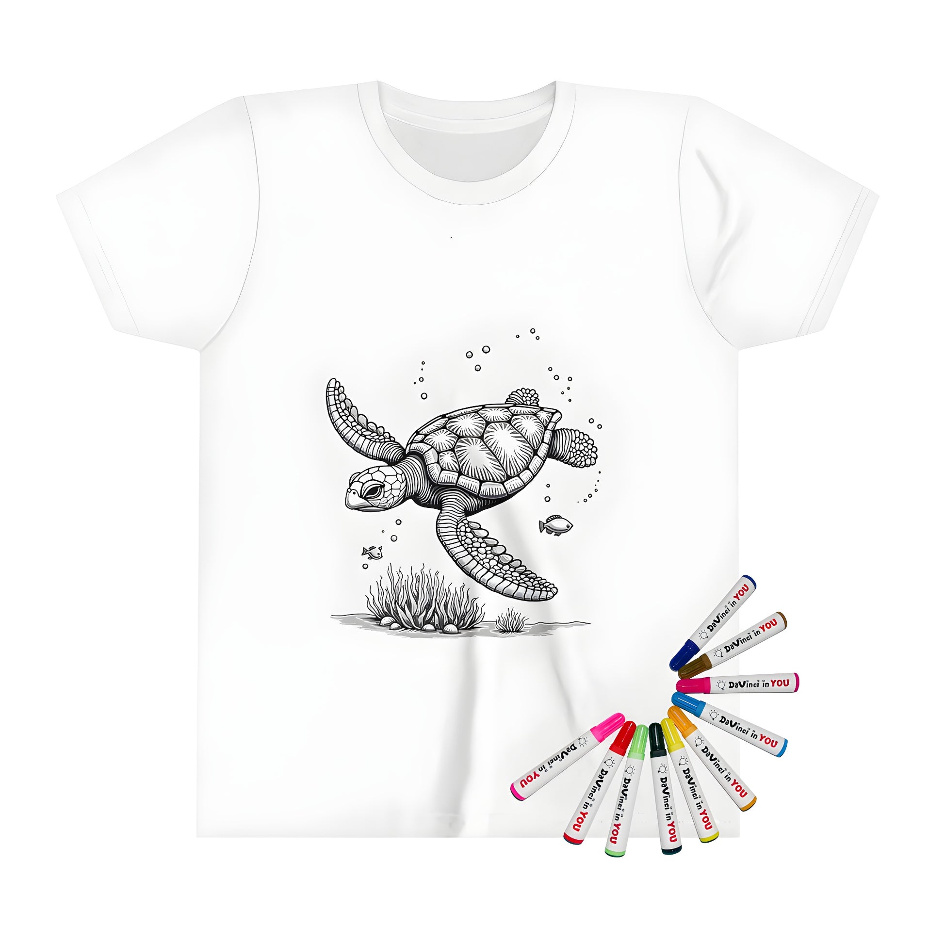 Kids' t-shirt featuring colorful sea turtle illustration swimming underwater surrounded by small fish and seaweed