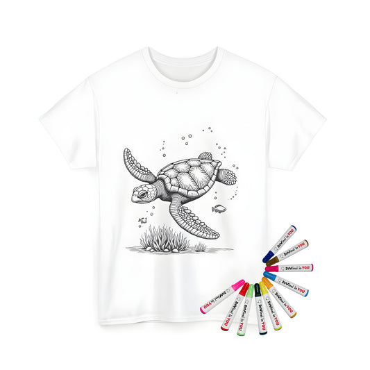 Detailed illustration of a sea turtle swimming underwater on unisex t-shirt, accompanied by small fish and seaweed