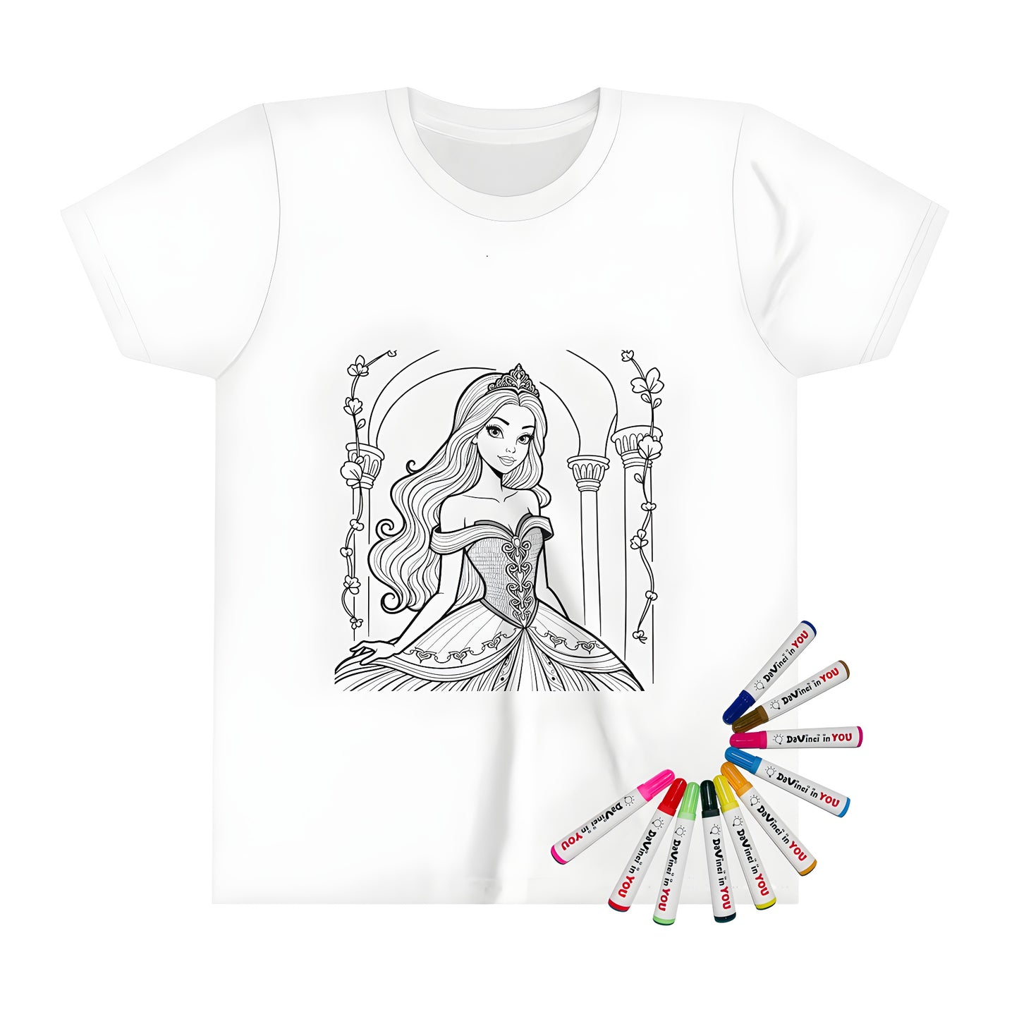 Kid's T-shirt featuring a beautiful princess illustration for girls, with flowing hair and ornate gown, surrounded by decorative arches and flowers. Perfect for kids who love fairy tales.