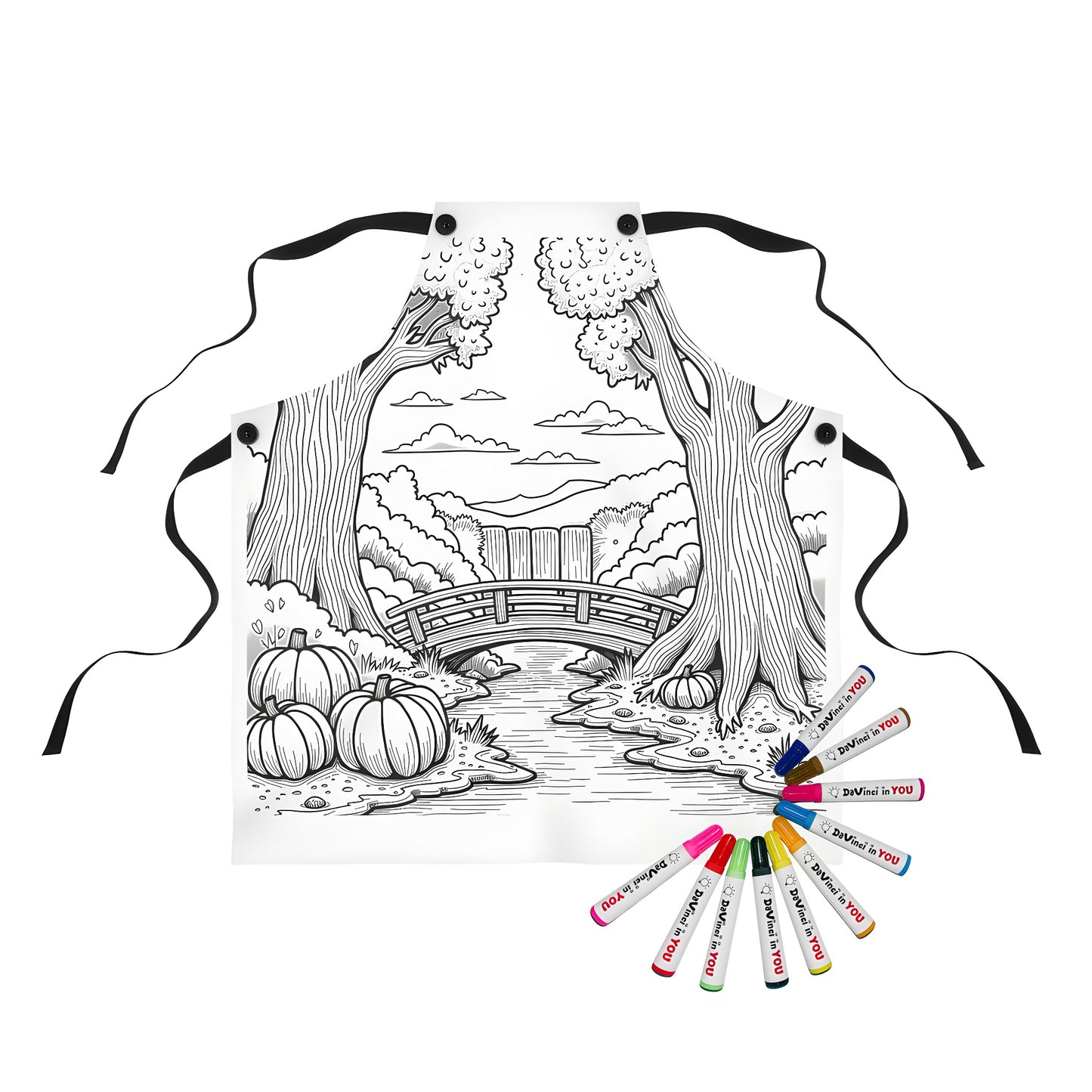 Watercolor apron design featuring serene landscape of tall woods, small brook with wooden bridge, and gourds along riverbank