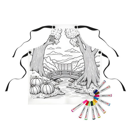 Watercolor apron design featuring serene landscape of tall woods, small brook with wooden bridge, and gourds along riverbank