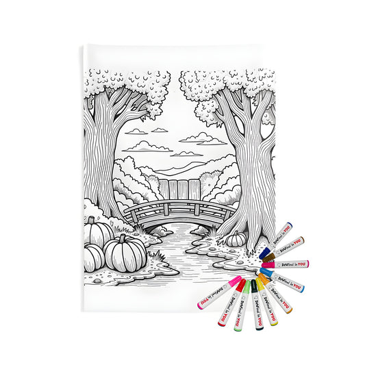 A serene nature scene featuring tall trees, a small waterway, and pumpkins scattered along the banks - Perfect for indoor wall tapestries