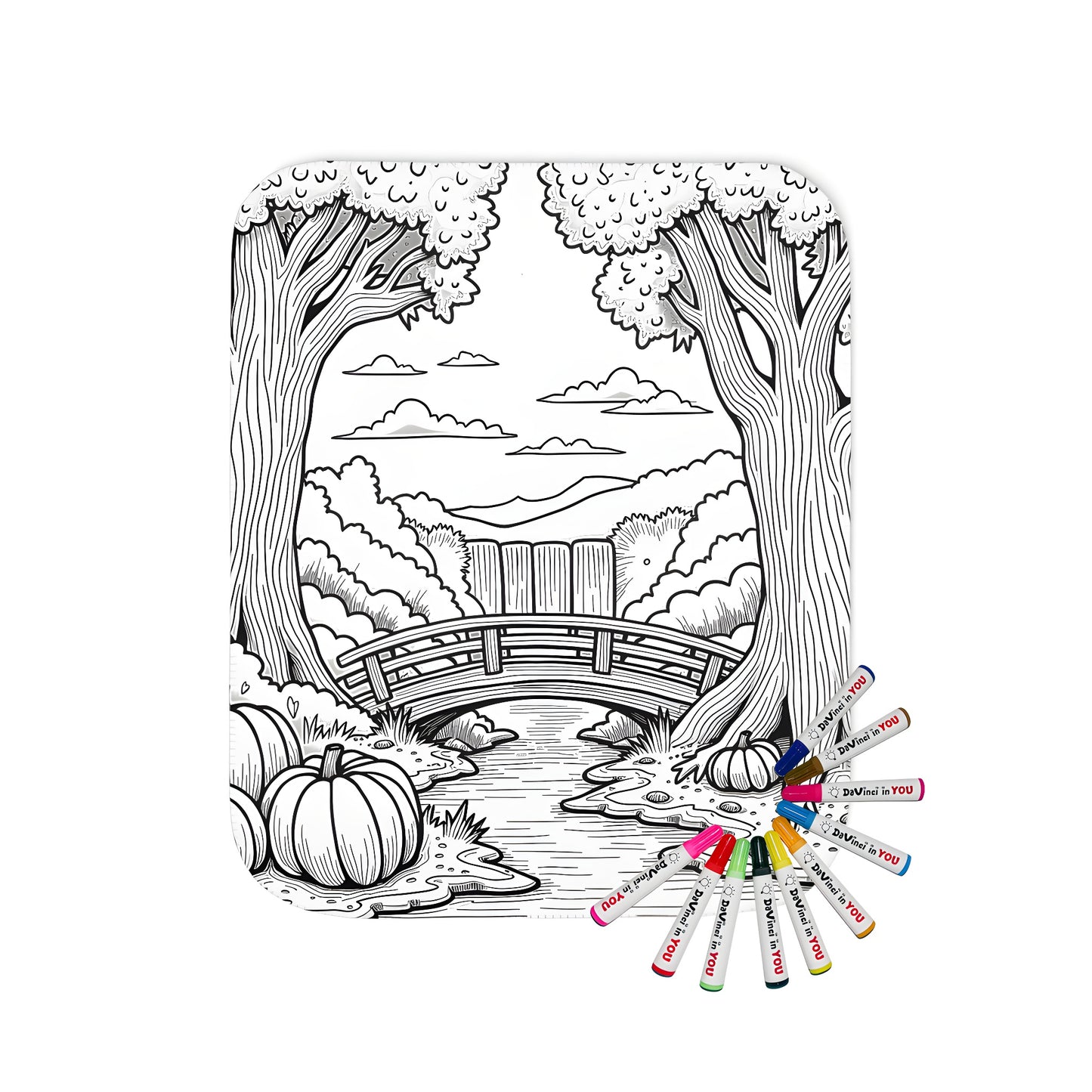 Blanket featuring serene nature scene with trees, riverbank, bridge, and pumpkins. Perfect for relaxation and creative expression.