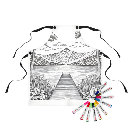 Serene lake scene apron design featuring a wooden dock surrounded by trees and mountains
