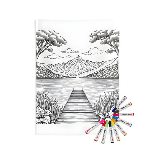 A serene lake scene wall tapestry featuring a wooden dock surrounded by trees and mountains