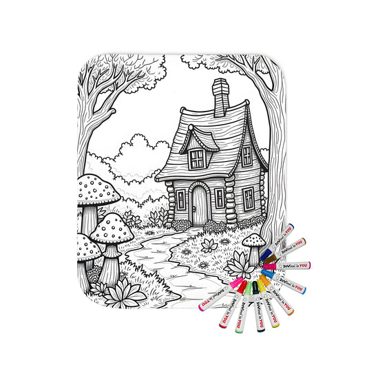 Coloring blanket with cozy forest scene featuring charming cottage, large trees, and whimsical mushrooms