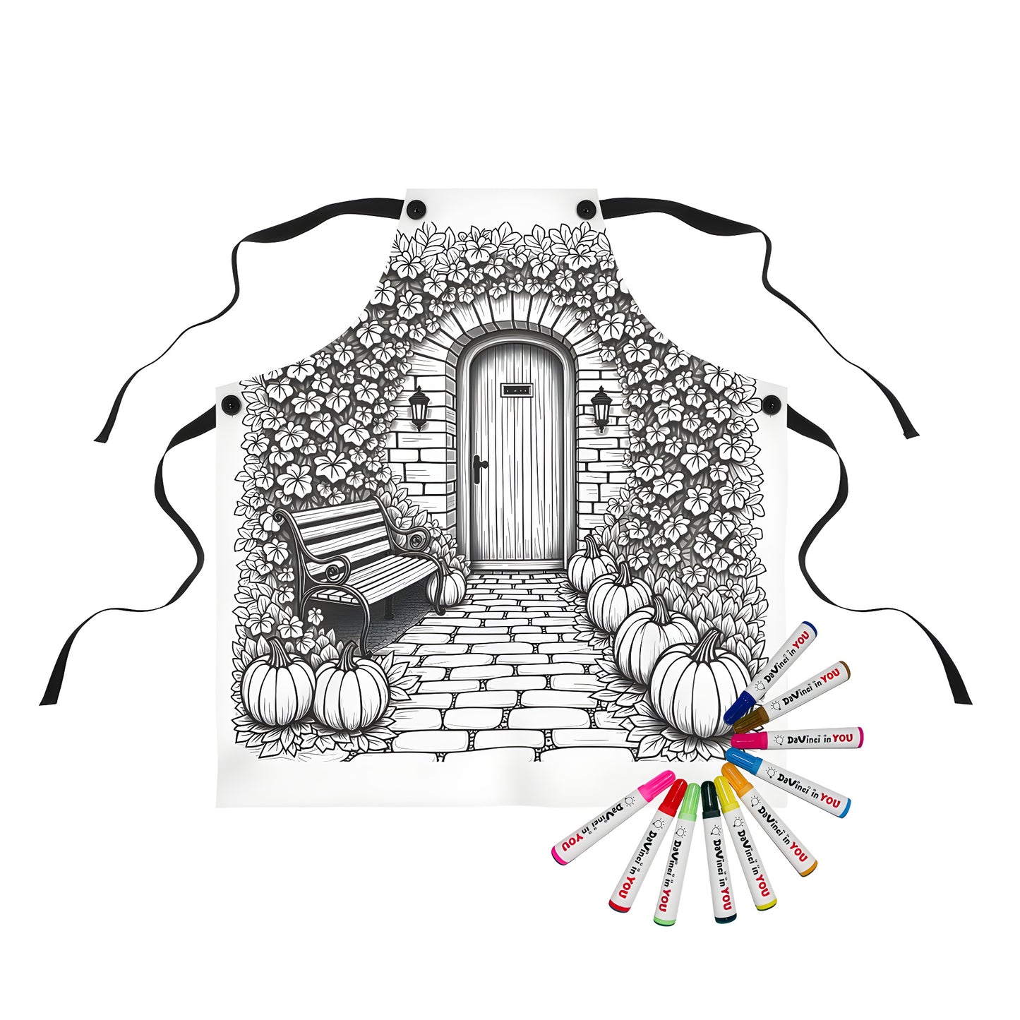 A colorful apron featuring a tranquil garden scene with a wooden door, bench, pumpkins, and lush flowers for adult coloring. Perfect for a fall craft or seasonal accessory.
