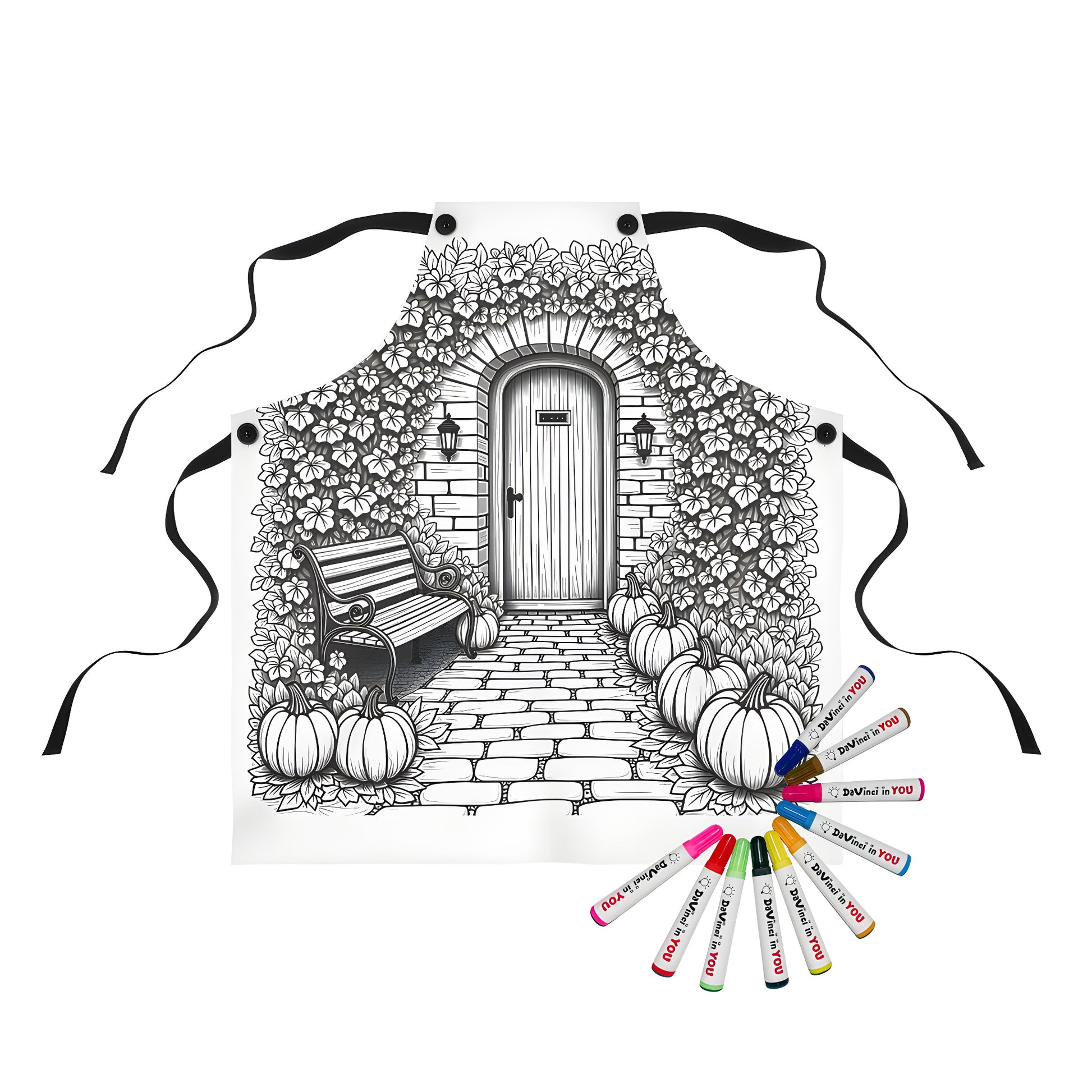 A colorful apron featuring a tranquil garden scene with a wooden door, bench, pumpkins, and lush flowers for adult coloring. Perfect for a fall craft or seasonal accessory.