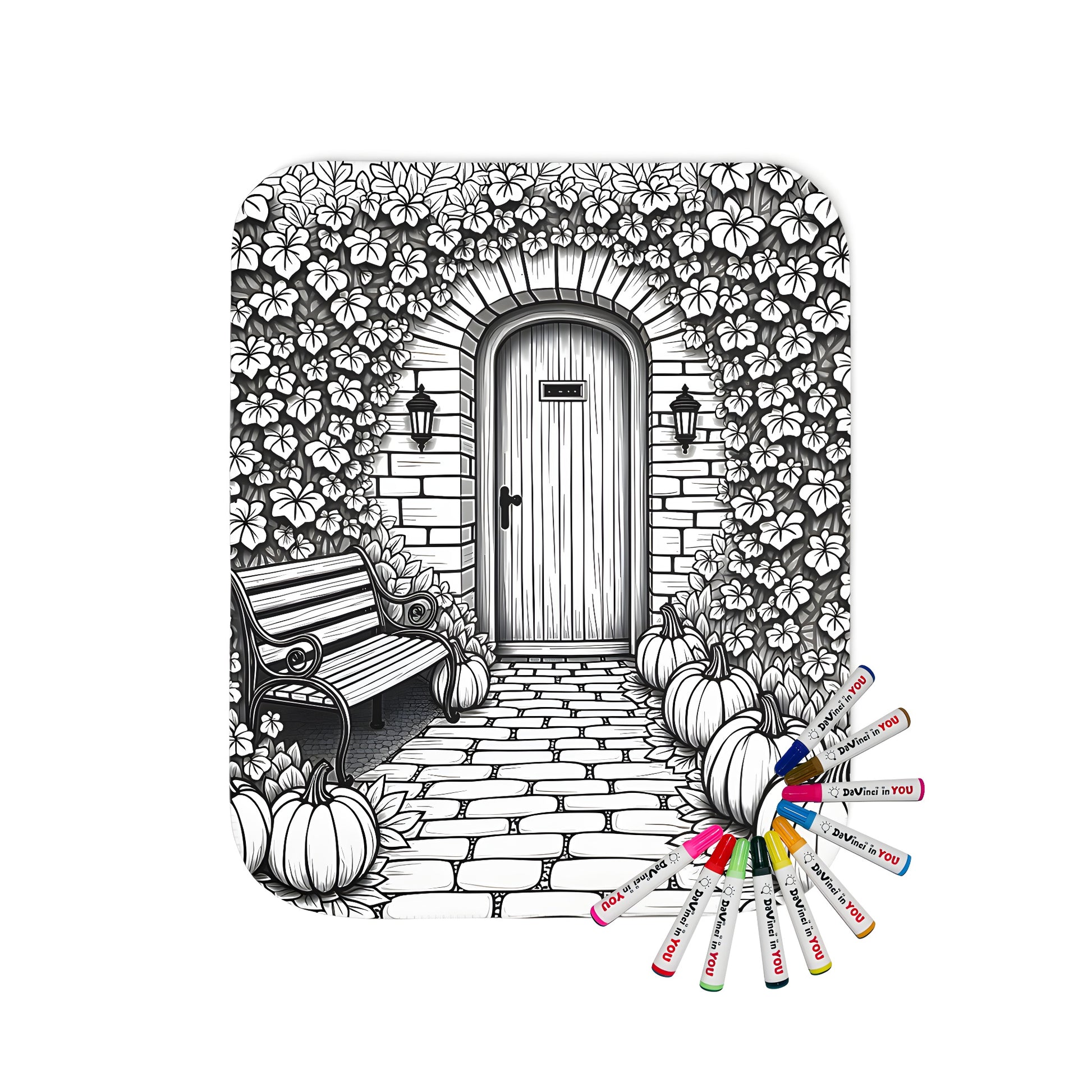 Cozy blanket with a whimsical garden design featuring pumpkins, flowers, and a wooden door, perfect for adult coloring