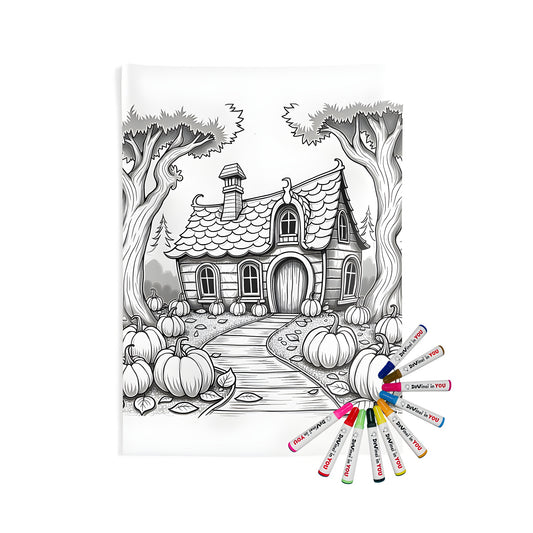 Cozy cottage wall tapestry for home decor, featuring a charming village scene with pumpkins and wooden buildings