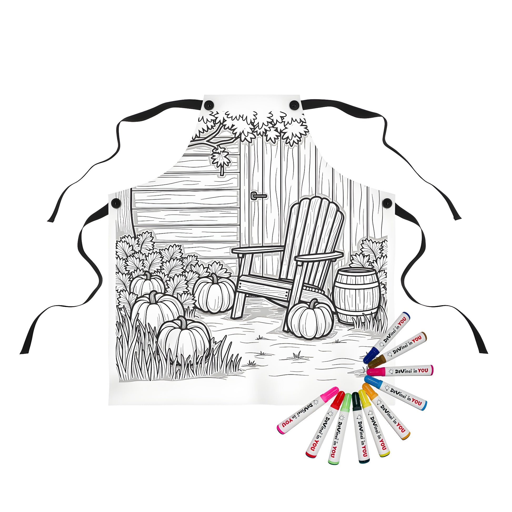 Colorful apron featuring a serene garden scene design with pumpkins and autumn foliage, great for crafters and fall enthusiasts