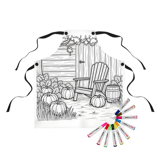 Colorful apron featuring a serene garden scene design with pumpkins and autumn foliage, great for crafters and fall enthusiasts
