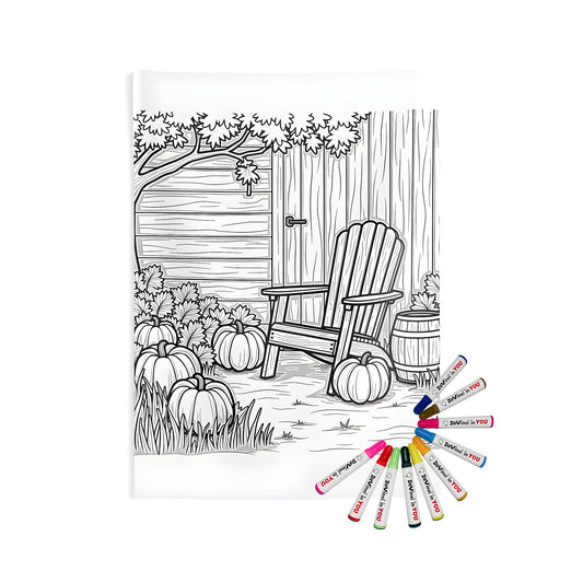 A serene garden scene indoor wall tapestry featuring a wooden chair surrounded by pumpkins and leafy plants, set against a rustic wooden fence. Perfect for adding a touch of autumnal charm to any room.