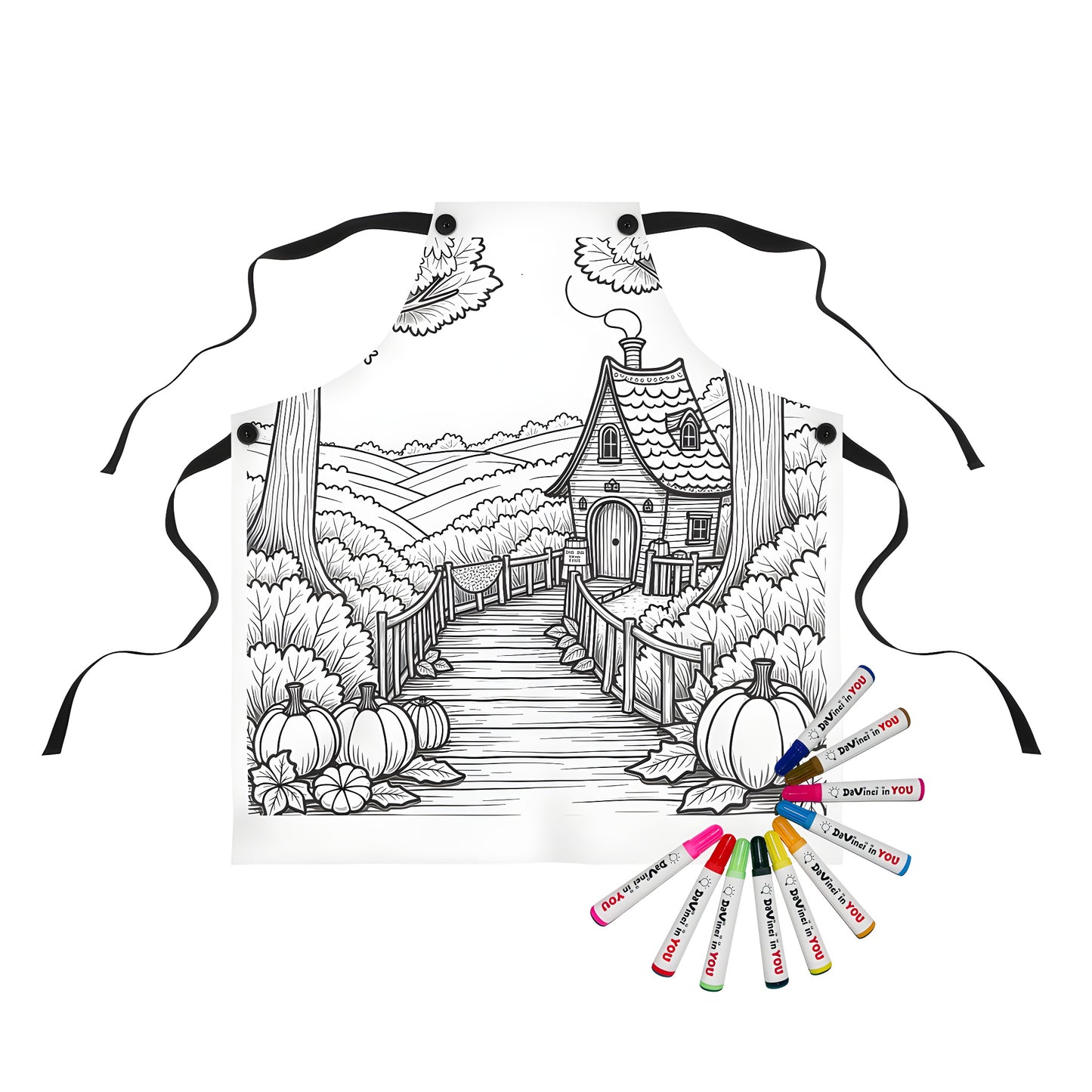 Country house apron featuring a charming country scene with lush greenery, pumpkins, and trees