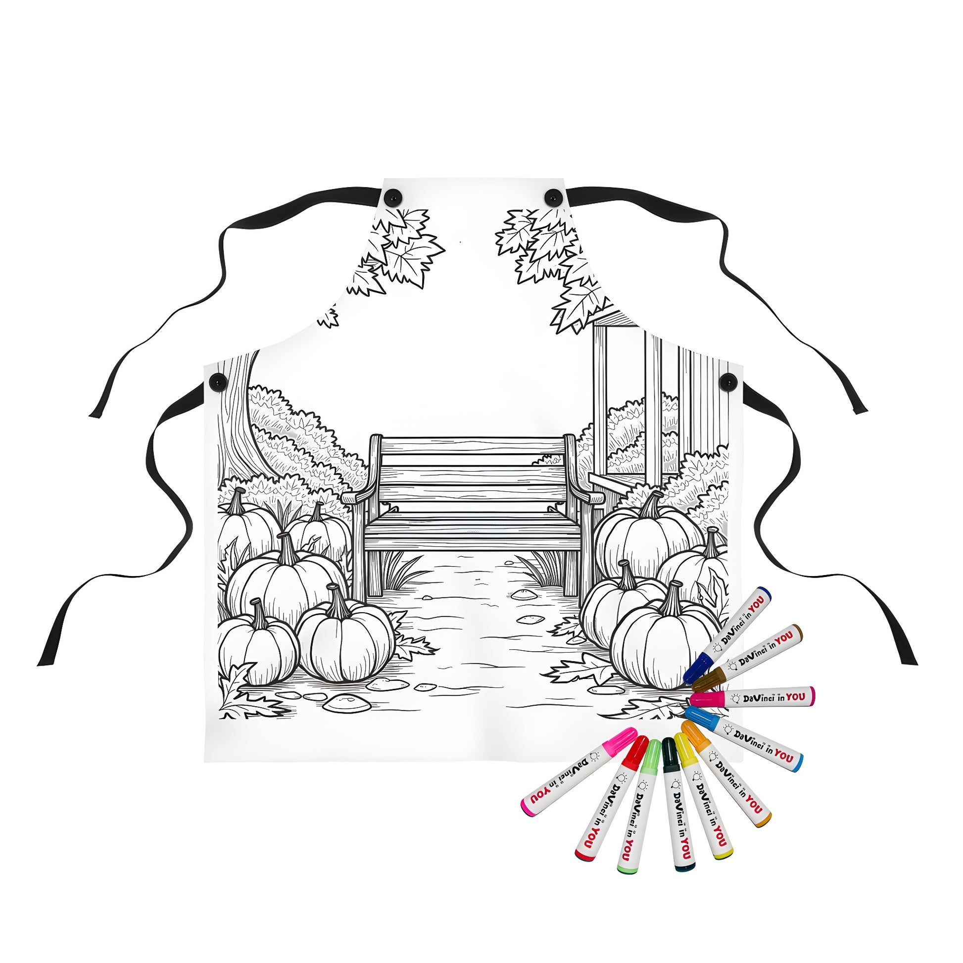 Apron with garden bench scene and fall pumpkin patch design