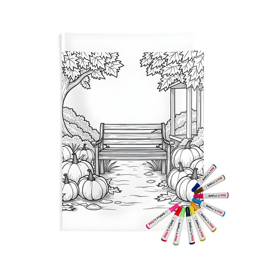 Cozy garden scene indoor wall tapestry with bench, pumpkins, and foliage for autumn decoration