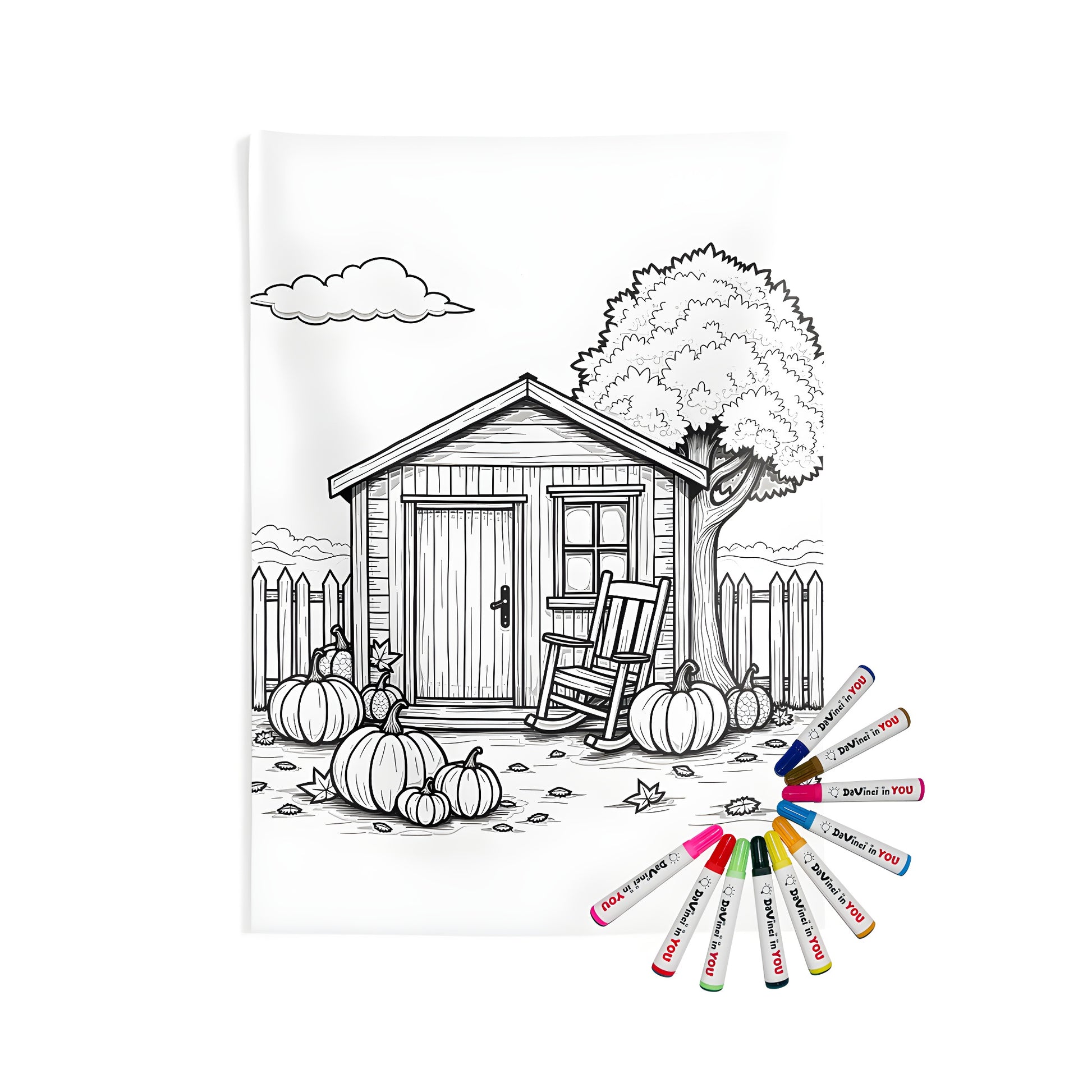 Cozy autumnal village coloring kit for indoor wall tapestries with fabric markers