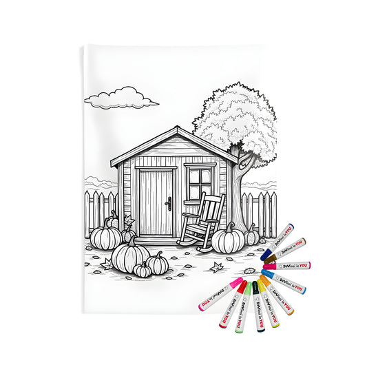 Cozy autumnal village coloring kit for indoor wall tapestries with fabric markers