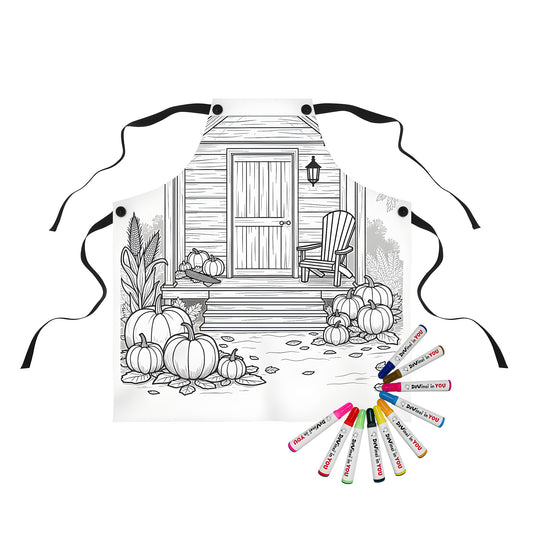 Colorful apron with serene country house scene design featuring pumpkins and foliage, perfect for a peaceful fall theme