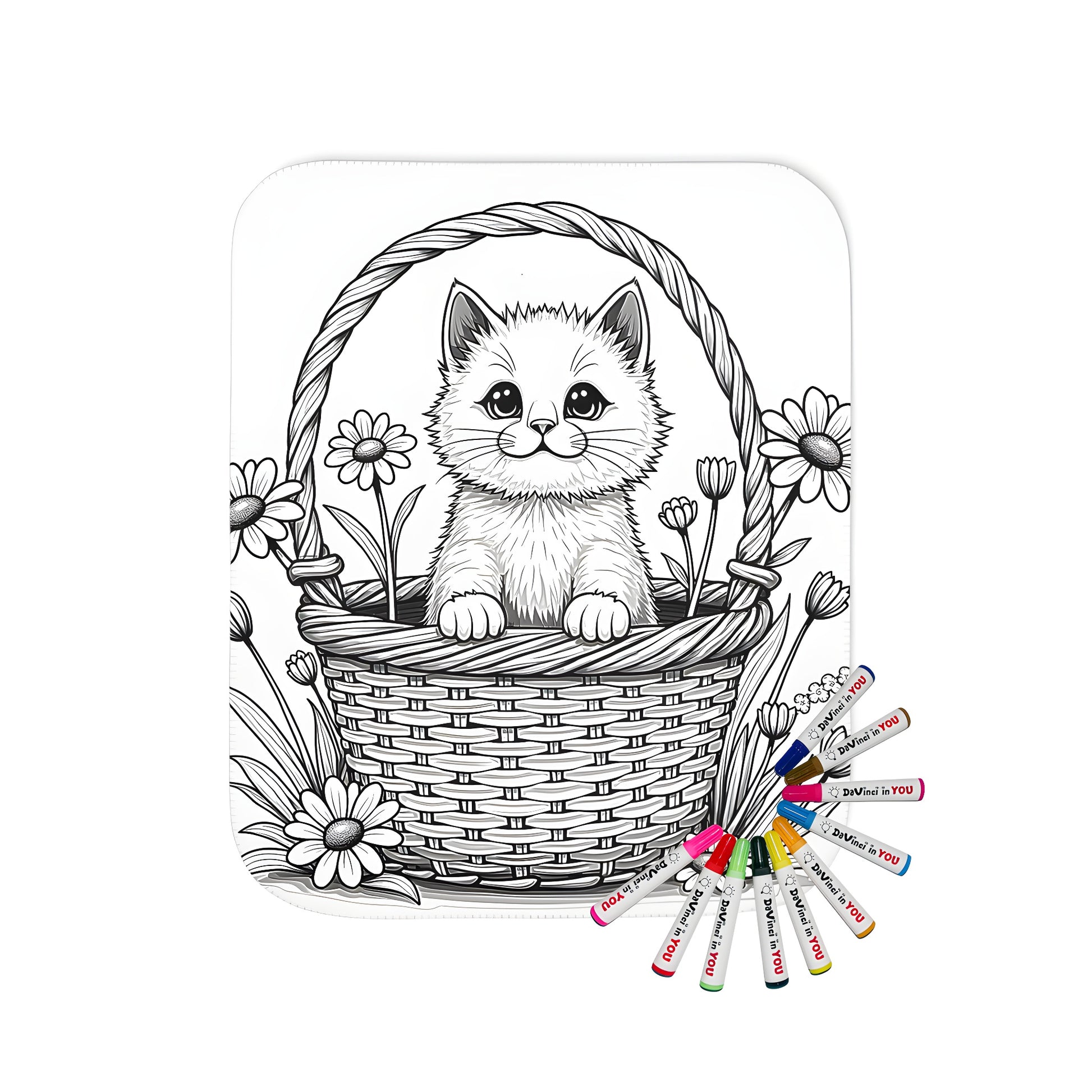 Coloring blanket with adorable cat and wicker basket illustration