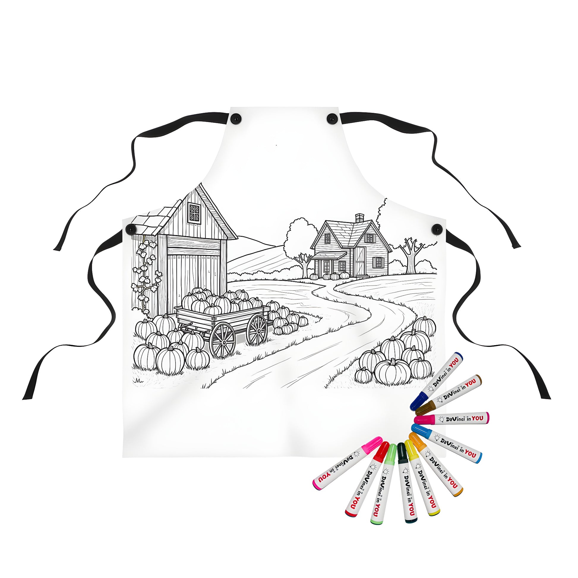 Coloring apron featuring a serene farm scene with barn, house and pumpkin cart