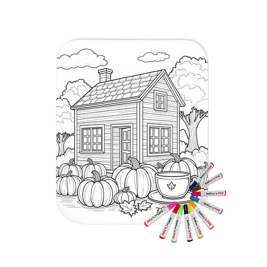 Cozy blanket with charming country cottage design featuring pumpkins and trees, evoking a peaceful autumn atmosphere