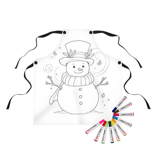 Cheerful snowman apron with swirling snowflakes and winter scene for kids or adults coloring