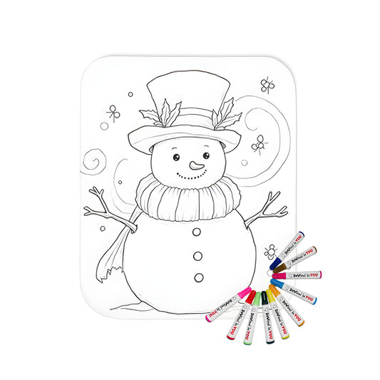 Cheerful snowman blanket with top hat and scarf, surrounded by swirling snowflakes