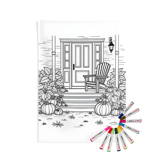 Indoor wall tapestry for a cozy front porch or patio decor, featuring a peaceful autumnal scene with pumpkins and plants