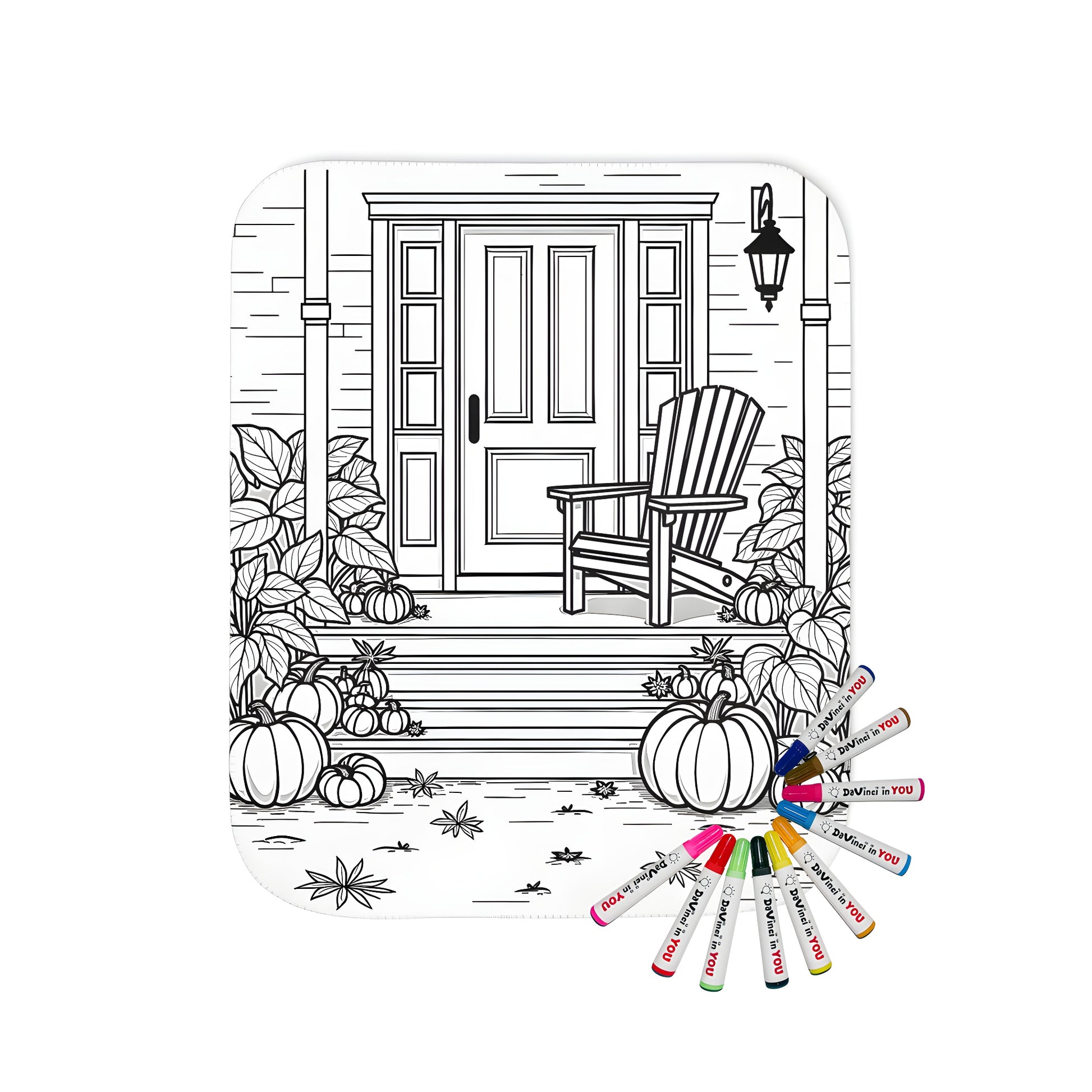 Blanket with cozy front porch scene design featuring wooden chair and pumpkins