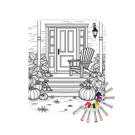 Blanket with cozy front porch scene design featuring wooden chair and pumpkins