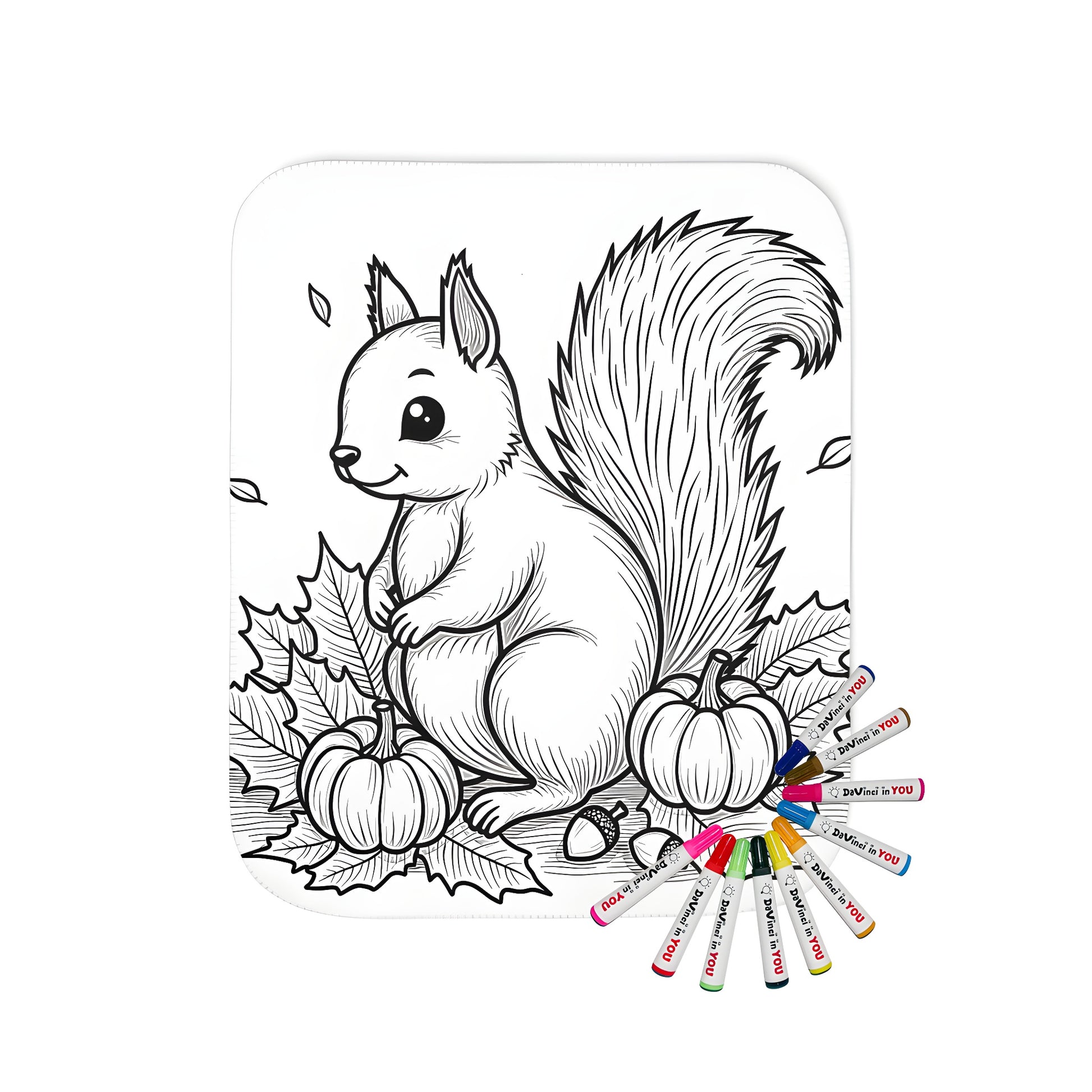 Cozy blanket featuring a cute squirrel amidst vibrant autumn leaves and pumpkins, perfect for fall decor