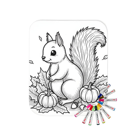 Cozy blanket featuring a cute squirrel amidst vibrant autumn leaves and pumpkins, perfect for fall decor