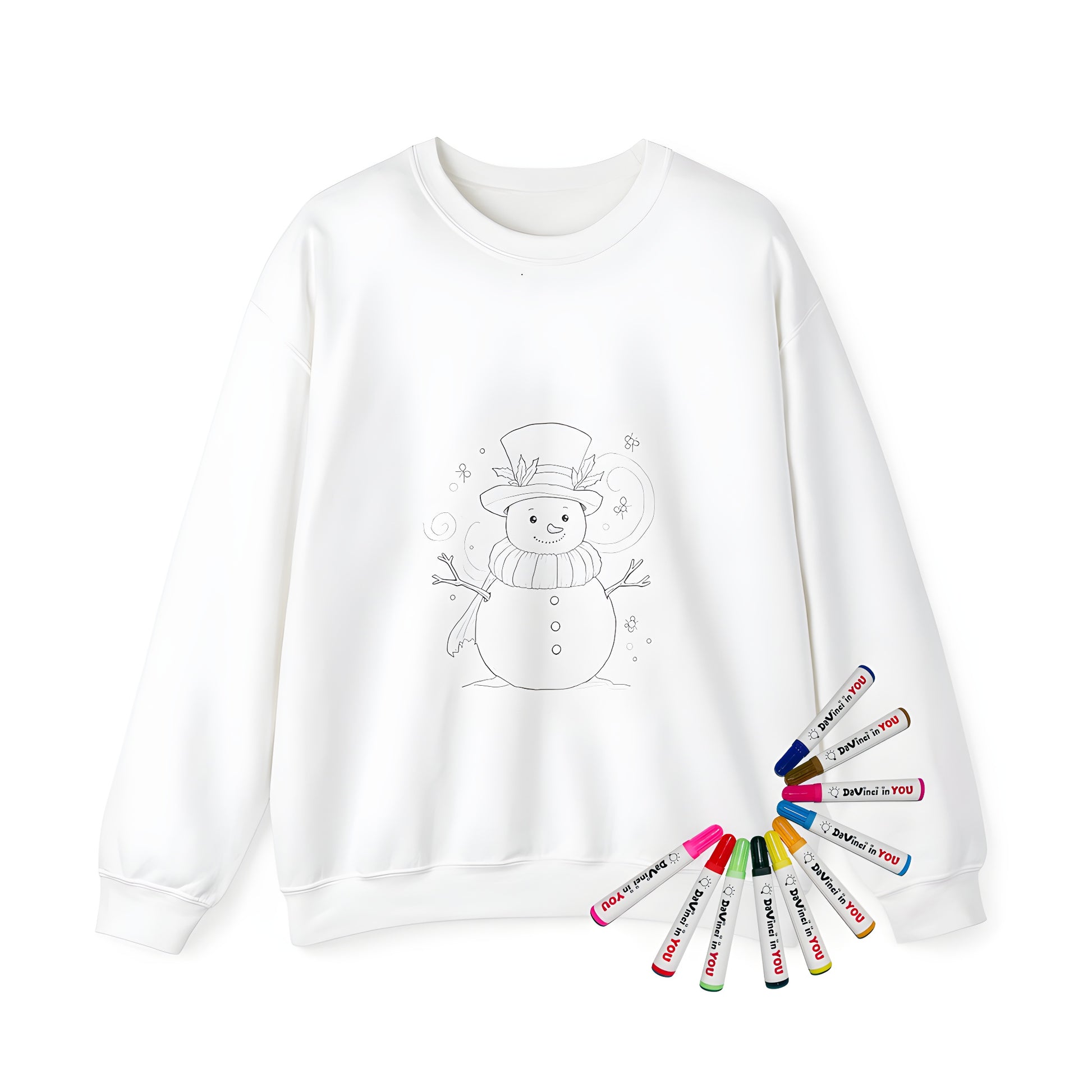 Adult sweatshirt with a colorful snowman design featuring a cheerful winter scene, perfect for holiday coloring