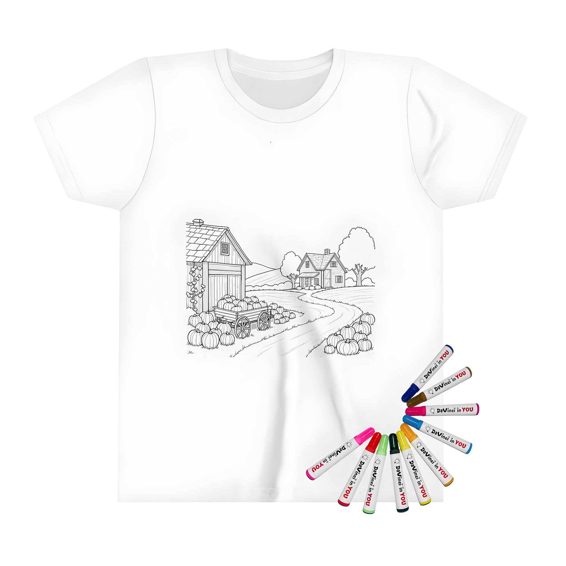 Kid's t-shirt with a colorful farm landscape design featuring pumpkins, barns, and countryside scenery