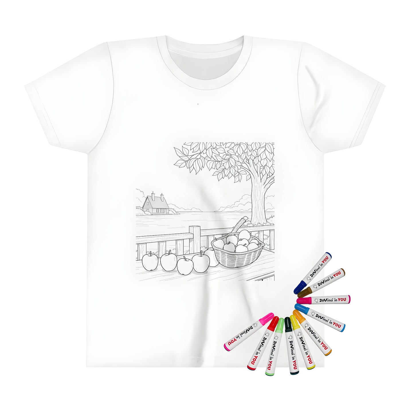 Kid's countryside-themed t-shirt with vibrant fabric markers and colorful designs