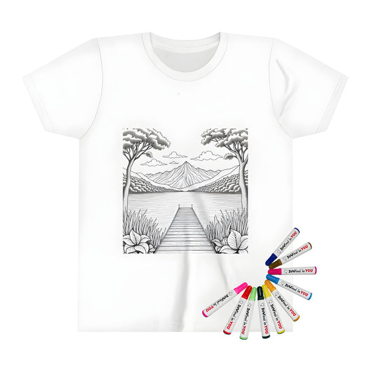 Kid's T-shirt featuring a serene lake scene with trees and mountains for a fun and educational coloring kit with fabric markers