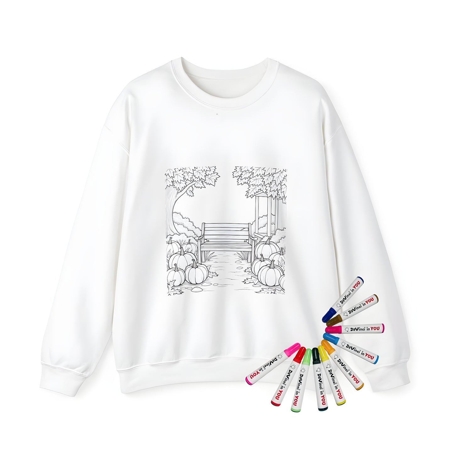 Adult sweatshirt with a serene garden scene design, featuring a wooden seat and decorated pumpkins